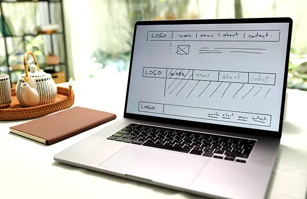 ノートパソコンの画面に、Webサイトのレイアウトやナビゲーション構成を手描きで整理したワイヤーフレームが表示されている写真。表現UXにおけるUIの見せ方や情報配置の検討をイメージさせる。