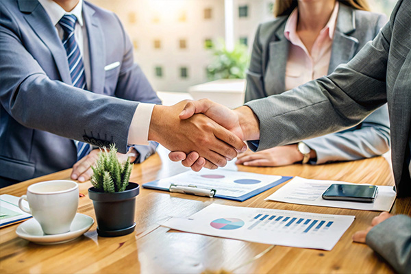 書類の前で握手しているイメージ